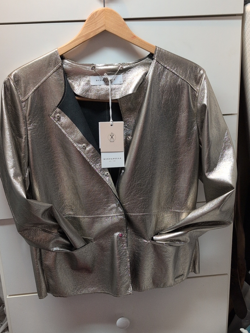 Metallic Silver Jacket by - Rino & Pelle Women's Collarless Design